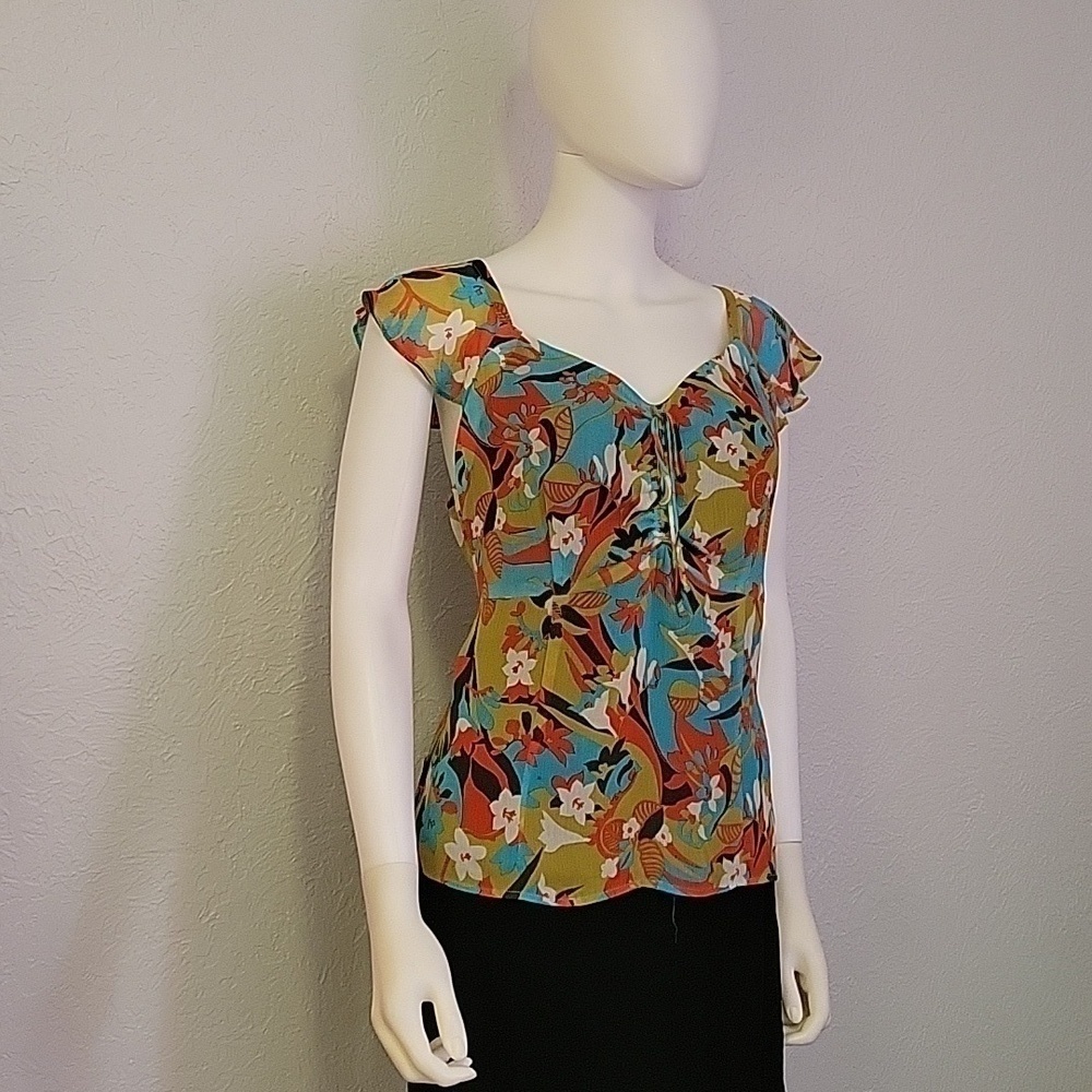 VTG Bentley A Retro Miami Teal Lime Green Fairycore Floral Chiffon Blouse - Picture 2 of 7